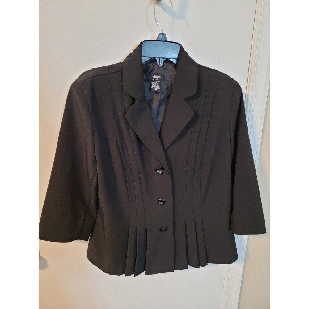 NWOT  T Milano Women's Stretch Black Pleated 3/4 Sleeve Blazer Sz 14
